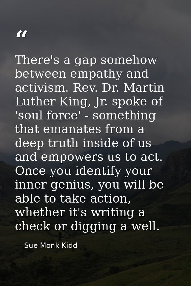 There's a gap somehow between empathy and activism. Rev. Dr. Martin Luther King, Jr. spoke of 'soul force' - something t — Sue Monk Kidd