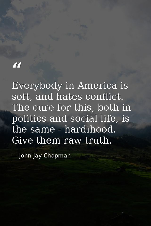 Everybody in America is soft, and hates conflict. The cure for this, both in politics and social life, is the same - har — John Jay Chapman