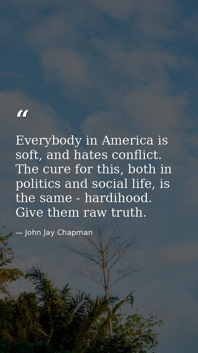 Everybody in America is soft, and hates conflict. The cure for this, both in politics and social life, is the same - har — John Jay Chapman