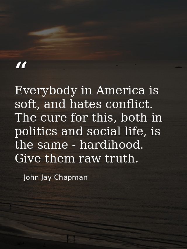 Everybody in America is soft, and hates conflict. The cure for this, both in politics and social life, is the same - har — John Jay Chapman