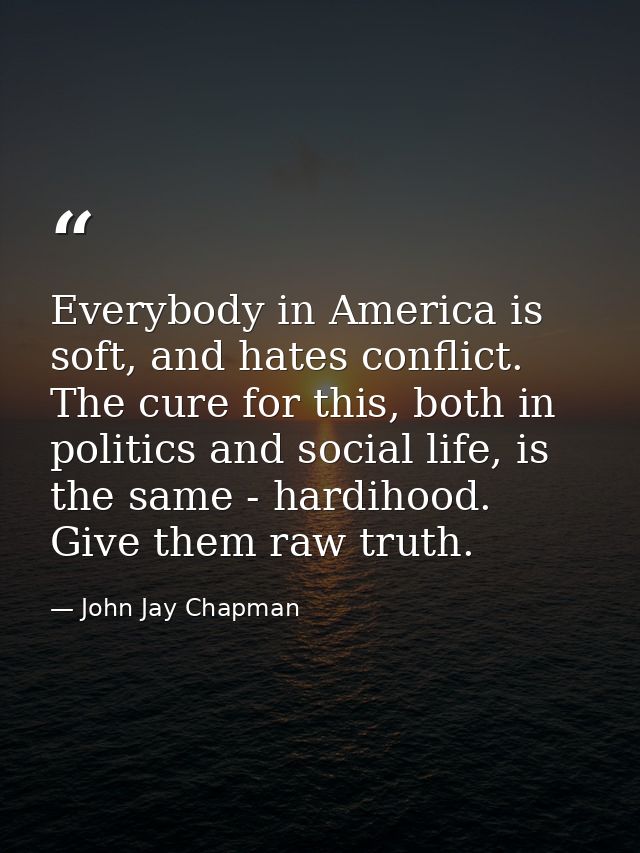 Everybody in America is soft, and hates conflict. The cure for this, both in politics and social life, is the same - har — John Jay Chapman