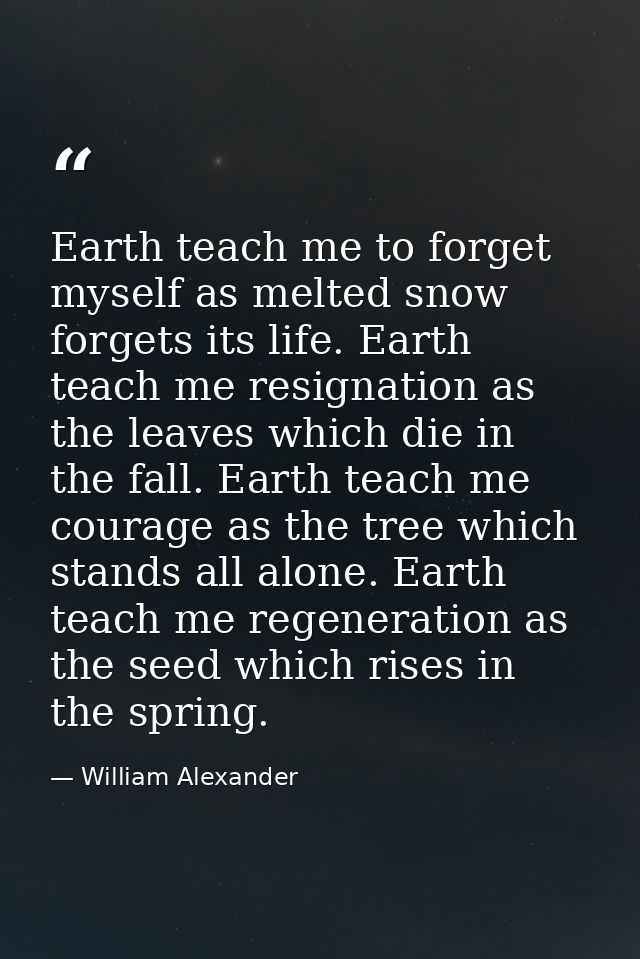 Earth teach me to forget myself as melted snow forgets its life. Earth teach me resignation as the leaves which die in t — William Alexander