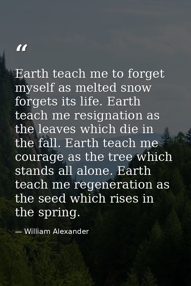 Earth teach me to forget myself as melted snow forgets its life. Earth teach me resignation as the leaves which die in t — William Alexander