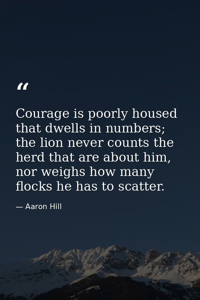Courage is poorly housed that dwells in numbers; the lion never counts the herd that are about him, nor weighs how many  — Aaron Hill