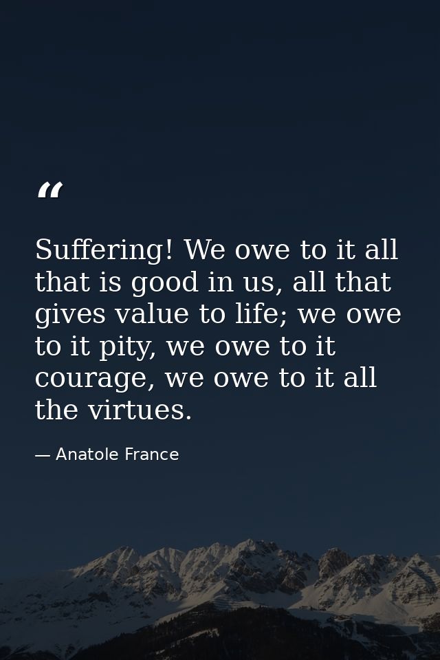 Suffering! We owe to it all that is good in us, all that gives value to life; we owe to it pity, we owe to it courage, w — Anatole France