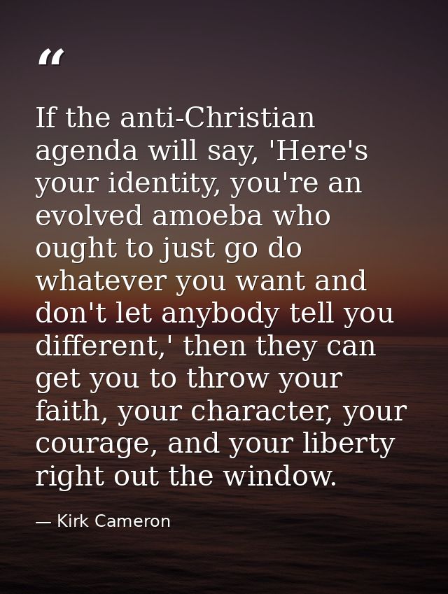 If the anti-Christian agenda will say, 'Here's your identity, you're an evolved amoeba who ought to just go do whatever  — Kirk Cameron