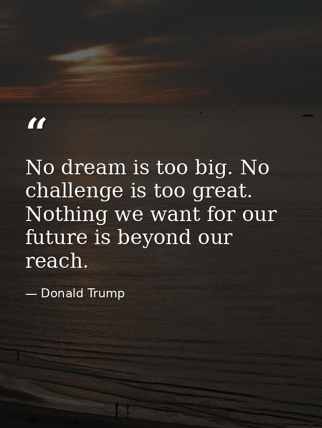 No dream is too big. No challenge is too great. Nothing we want for our future is beyond our reach. — Donald Trump