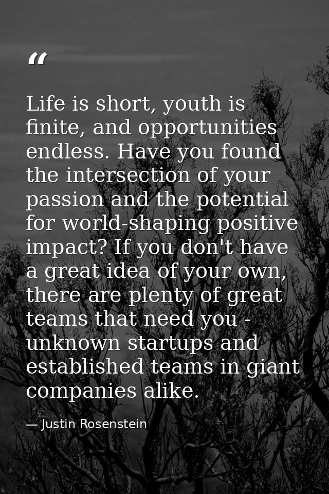 Life is short, youth is finite, and opportunities endless. Have you found the intersection of your passion and the poten — Justin Rosenstein