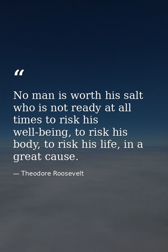No man is worth his salt who is not ready at all times to risk his well-being, to risk his body, to risk his life, in a  — Theodore Roosevelt