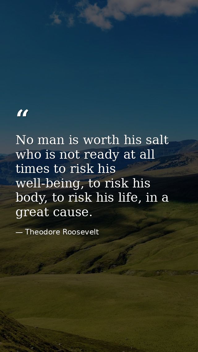 No man is worth his salt who is not ready at all times to risk his well-being, to risk his body, to risk his life, in a  — Theodore Roosevelt