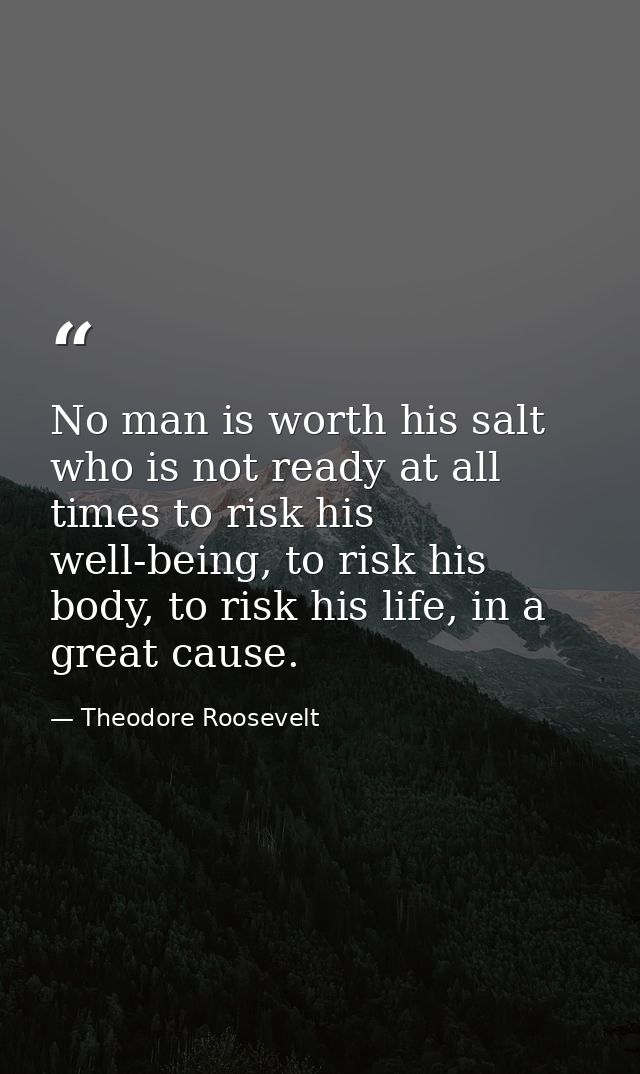 No man is worth his salt who is not ready at all times to risk his well-being, to risk his body, to risk his life, in a  — Theodore Roosevelt