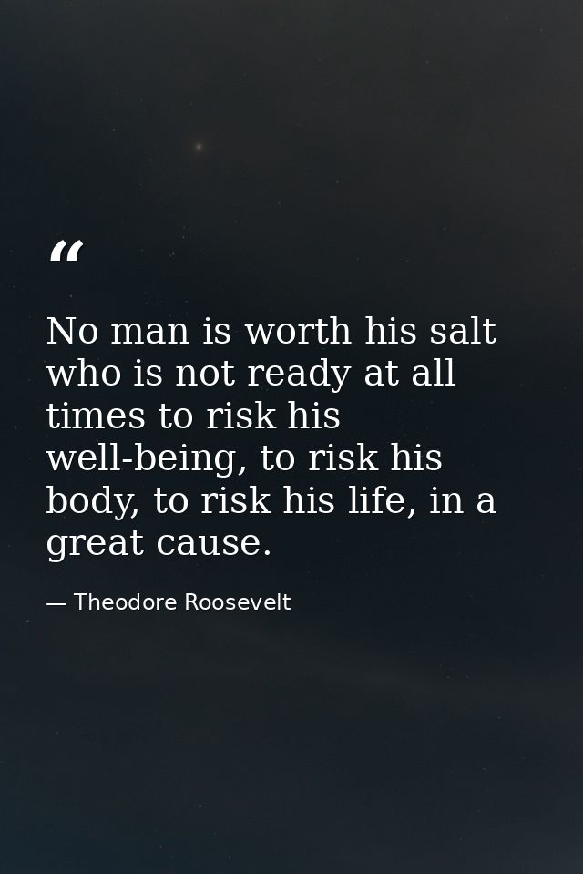 No man is worth his salt who is not ready at all times to risk his well-being, to risk his body, to risk his life, in a  — Theodore Roosevelt