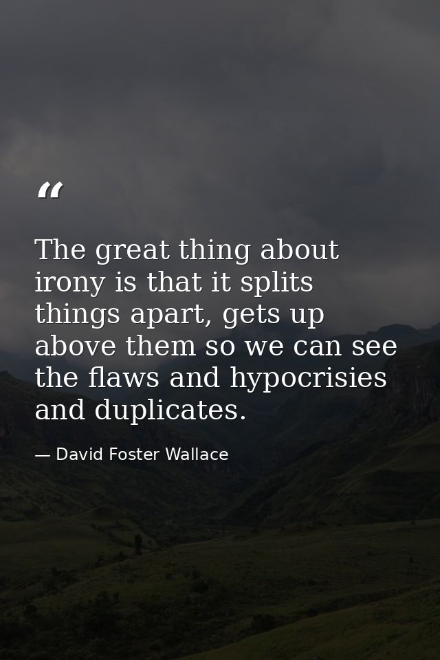 The great thing about irony is that it splits things apart, gets up above them so we can see the flaws and hypocrisies a — David Foster Wallace