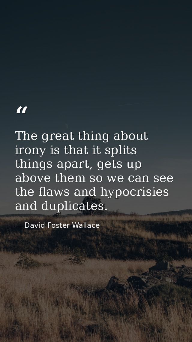 The great thing about irony is that it splits things apart, gets up above them so we can see the flaws and hypocrisies a — David Foster Wallace