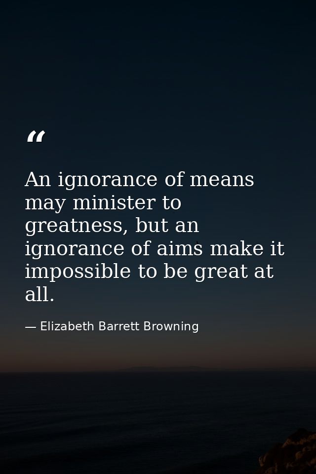 An ignorance of means may minister to greatness, but an ignorance of aims make it impossible to be great at all. — Elizabeth Barrett Browning