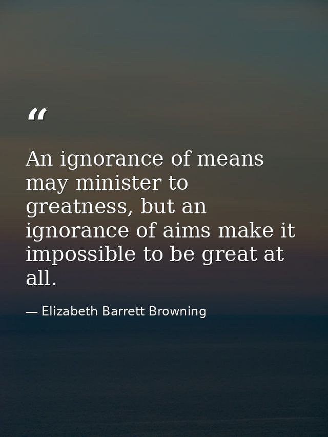 An ignorance of means may minister to greatness, but an ignorance of aims make it impossible to be great at all. — Elizabeth Barrett Browning