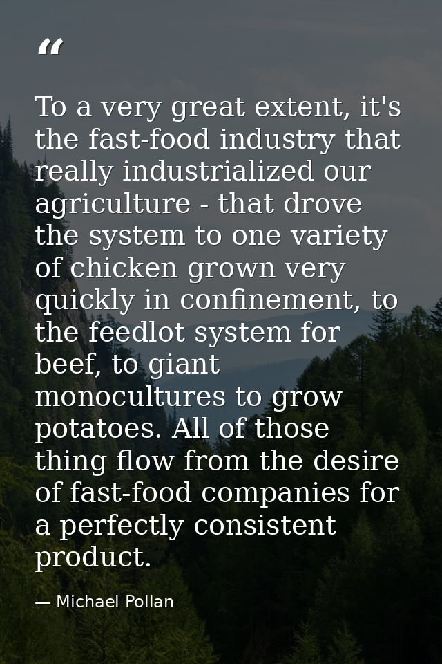 To a very great extent, it's the fast-food industry that really industrialized our agriculture - that drove the system t — Michael Pollan