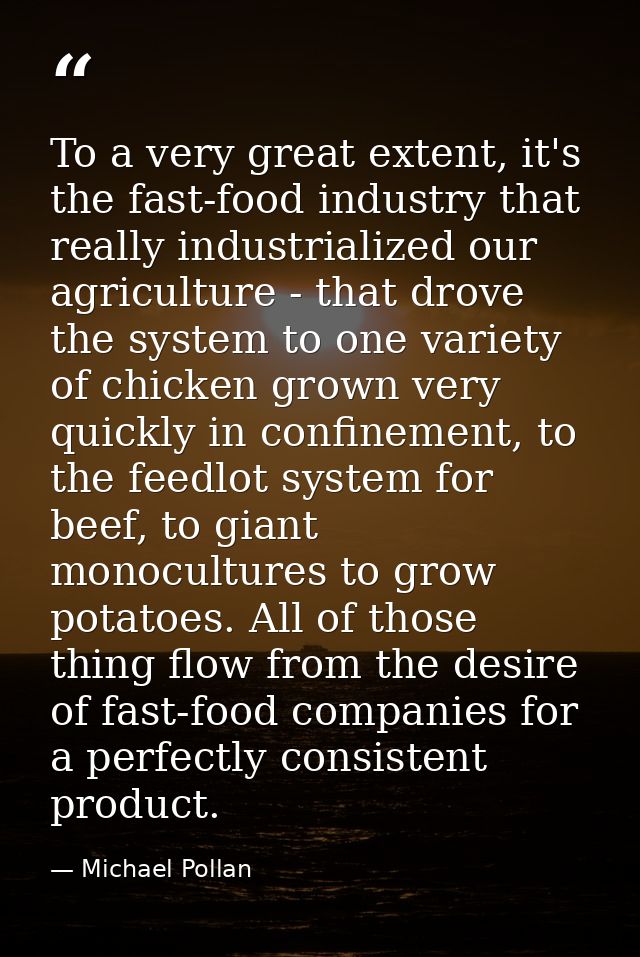 To a very great extent, it's the fast-food industry that really industrialized our agriculture - that drove the system t — Michael Pollan