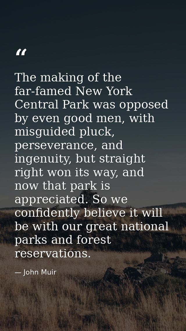 The making of the far-famed New York Central Park was opposed by even good men, with misguided pluck, perseverance, and  — John Muir