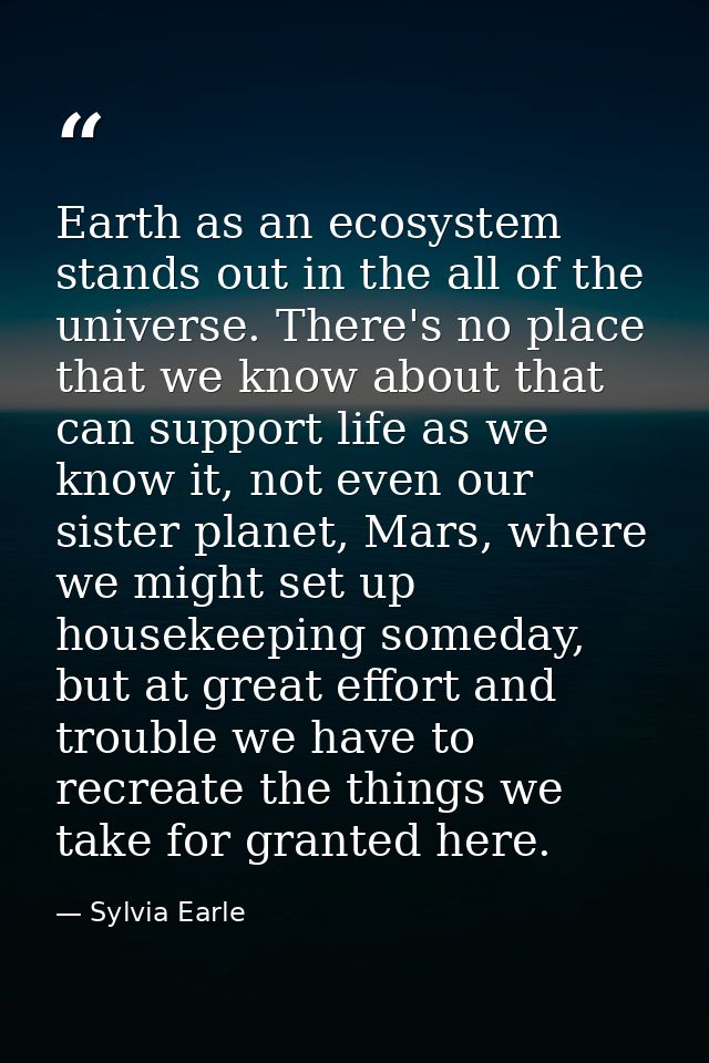 Earth as an ecosystem stands out in the all of the universe. There's no place that we know about that can support life a — Sylvia Earle