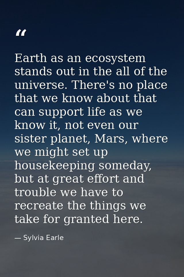 Earth as an ecosystem stands out in the all of the universe. There's no place that we know about that can support life a — Sylvia Earle