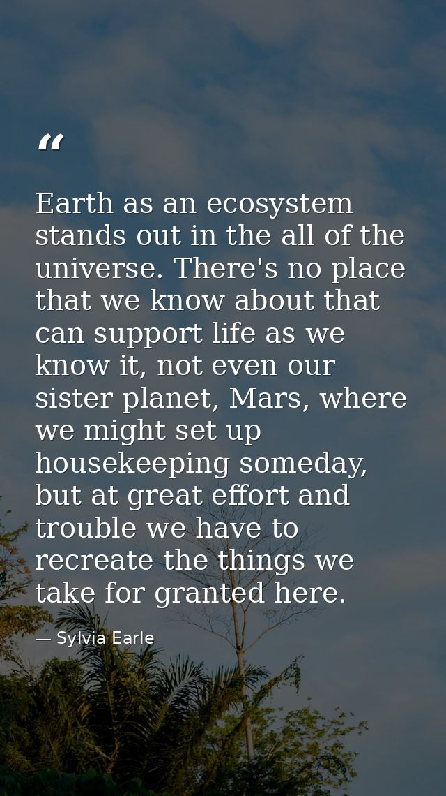 Earth as an ecosystem stands out in the all of the universe. There's no place that we know about that can support life a — Sylvia Earle