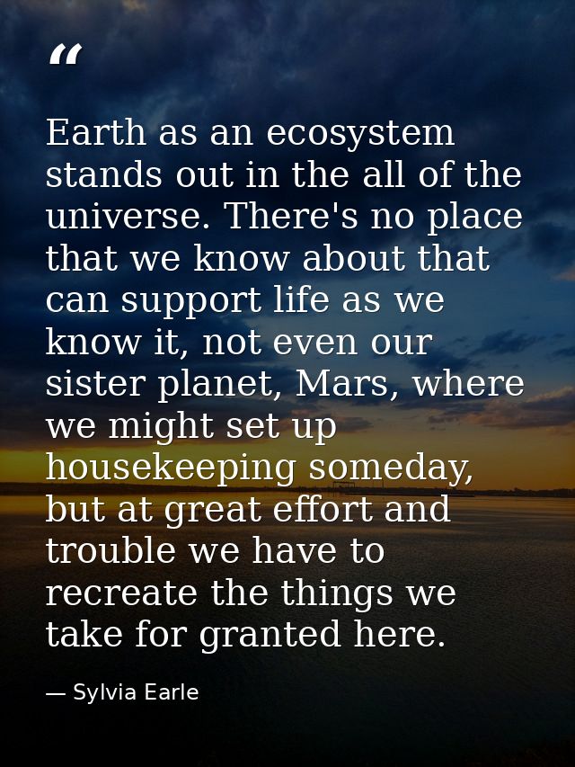 Earth as an ecosystem stands out in the all of the universe. There's no place that we know about that can support life a — Sylvia Earle