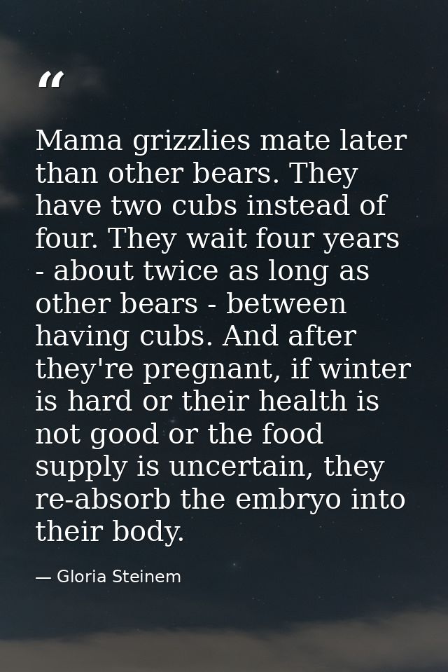 Mama grizzlies mate later than other bears. They have two cubs instead of four. They wait four years - about twice as lo — Gloria Steinem