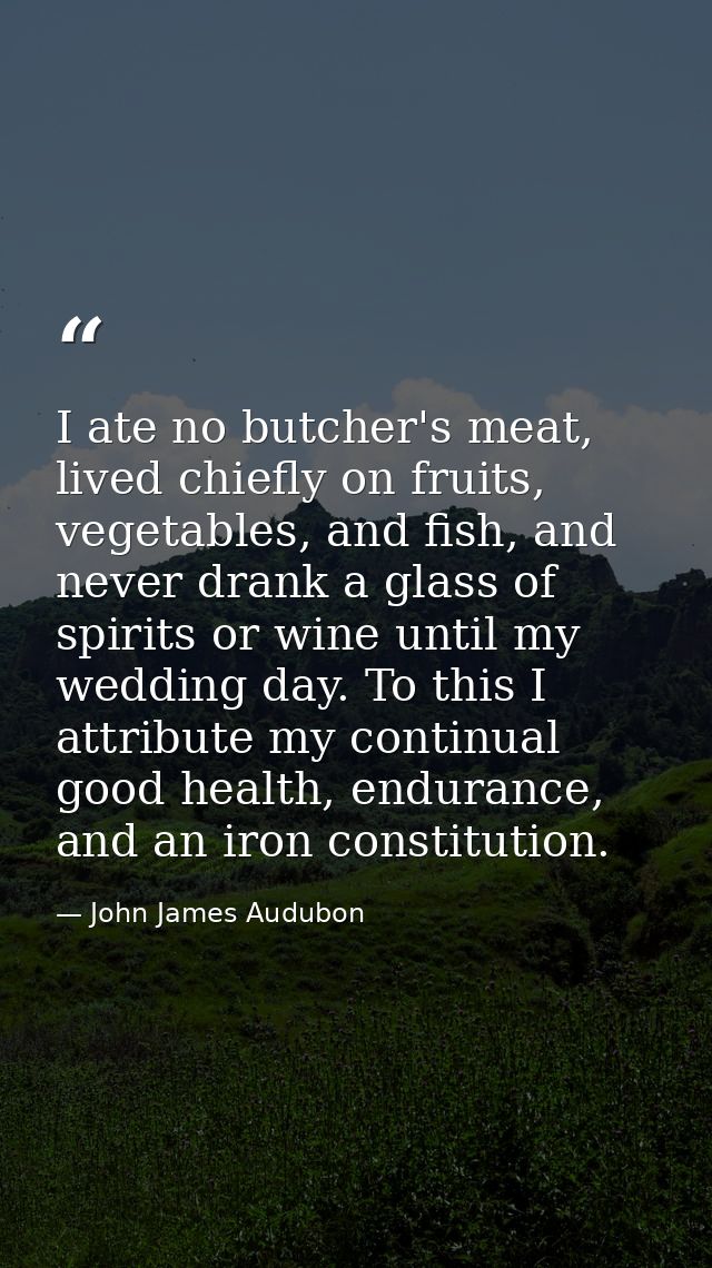 I ate no butcher's meat, lived chiefly on fruits, vegetables, and fish, and never drank a glass of spirits or wine until — John James Audubon
