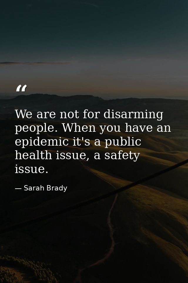 We are not for disarming people. When you have an epidemic it's a public health issue, a safety issue. — Sarah Brady