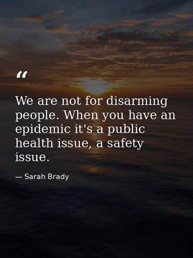 We are not for disarming people. When you have an epidemic it's a public health issue, a safety issue. — Sarah Brady