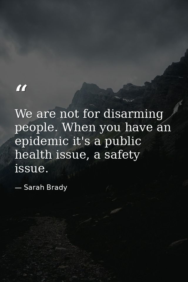 We are not for disarming people. When you have an epidemic it's a public health issue, a safety issue. — Sarah Brady