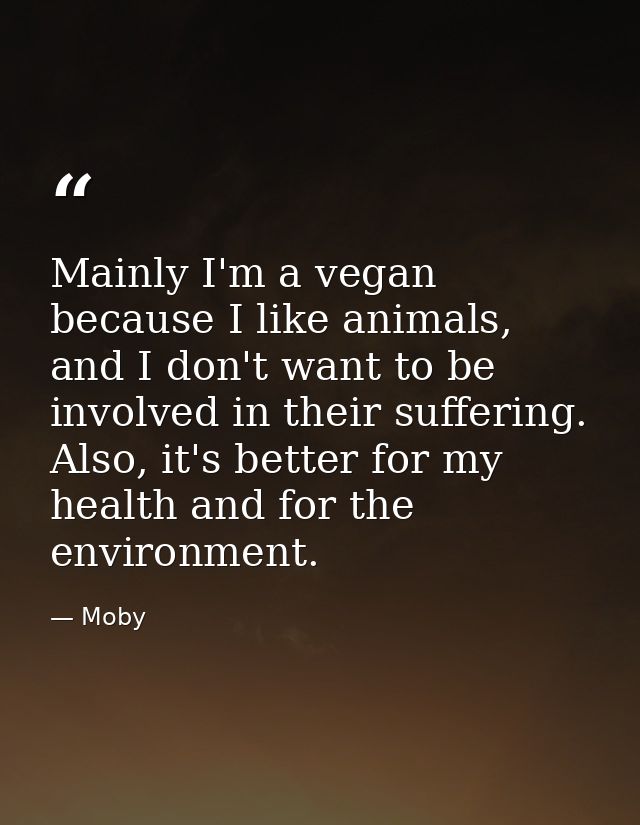 Mainly I'm a vegan because I like animals, and I don't want to be involved in their suffering. Also, it's better for my  — Moby