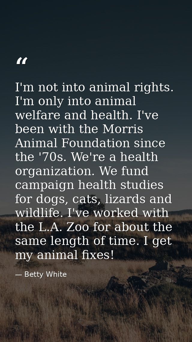 I'm not into animal rights. I'm only into animal welfare and health. I've been with the Morris Animal Foundation since t — Betty White
