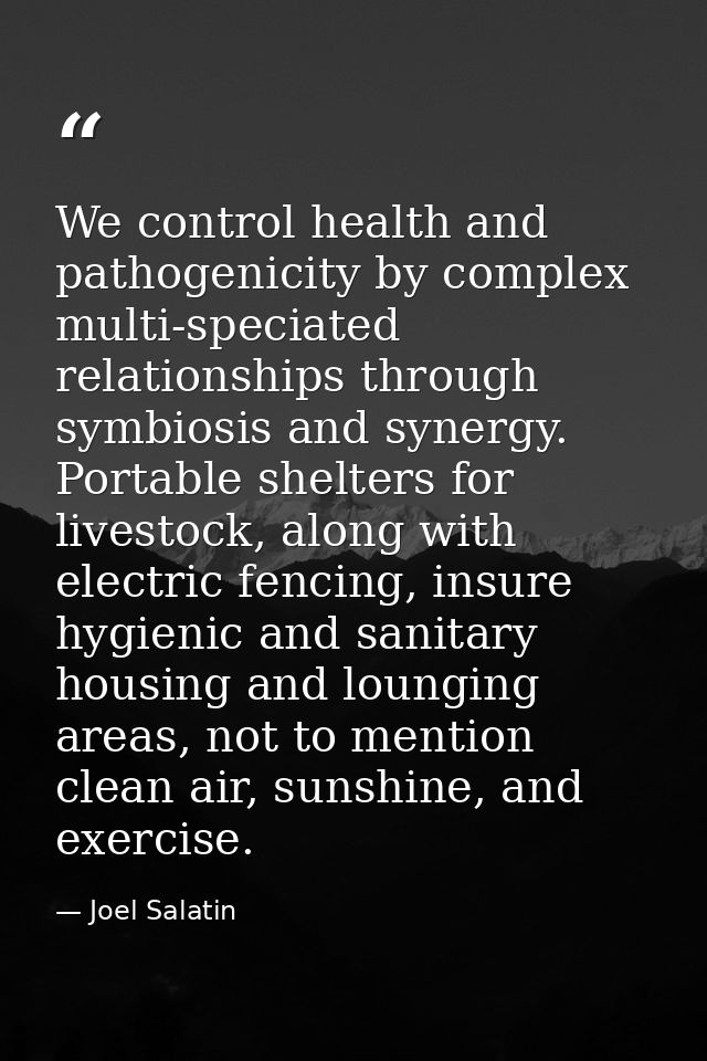 We control health and pathogenicity by complex multi-speciated relationships through symbiosis and synergy. Portable she — Joel Salatin