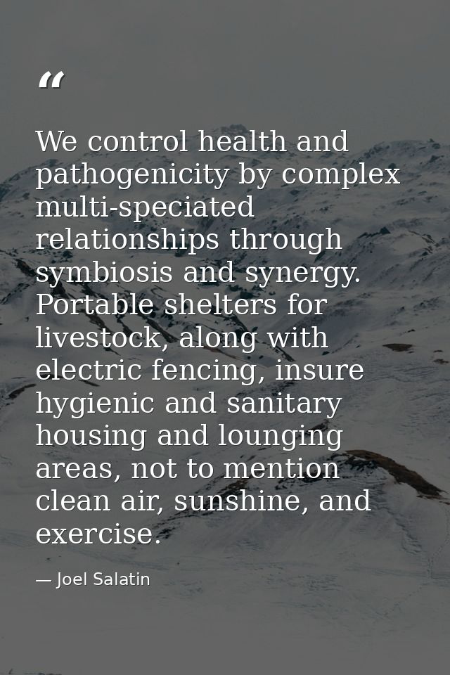 We control health and pathogenicity by complex multi-speciated relationships through symbiosis and synergy. Portable she — Joel Salatin