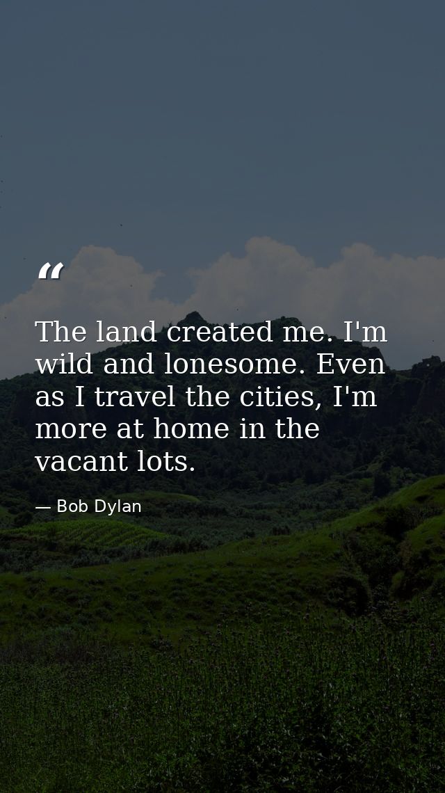 The land created me. I'm wild and lonesome. Even as I travel the cities, I'm more at home in the vacant lots. — Bob Dylan