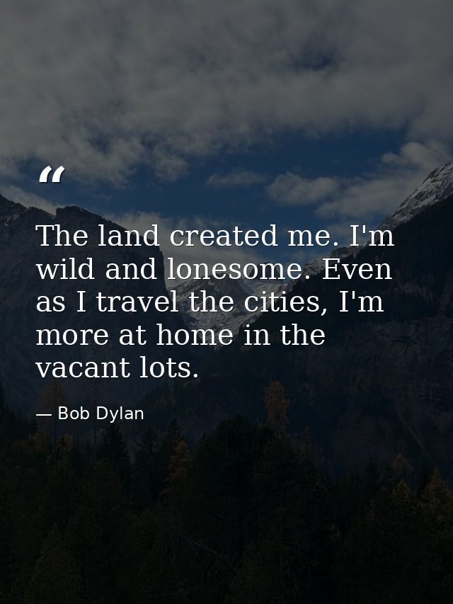 The land created me. I'm wild and lonesome. Even as I travel the cities, I'm more at home in the vacant lots. — Bob Dylan