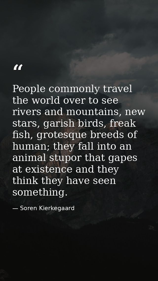 People commonly travel the world over to see rivers and mountains, new stars, garish birds, freak fish, grotesque breeds — Soren Kierkegaard