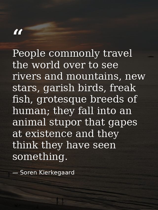 People commonly travel the world over to see rivers and mountains, new stars, garish birds, freak fish, grotesque breeds — Soren Kierkegaard