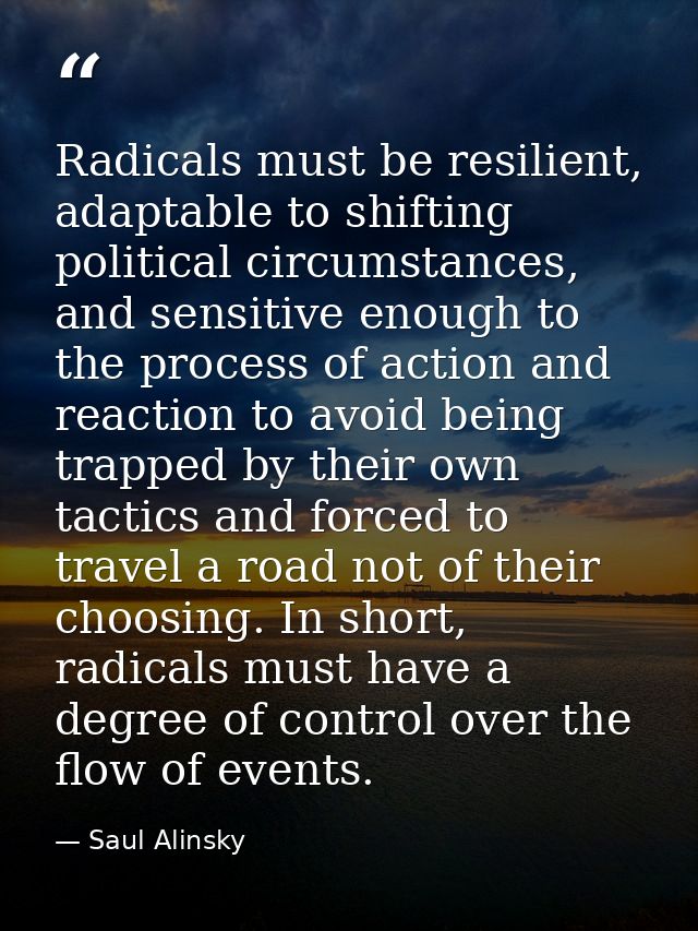 Radicals must be resilient, adaptable to shifting political circumstances, and sensitive enough to the process of action — Saul Alinsky