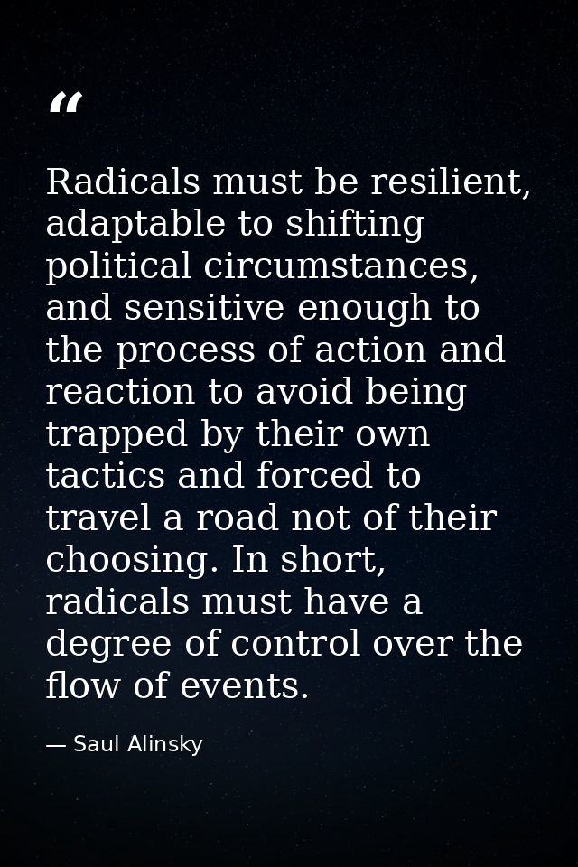 Radicals must be resilient, adaptable to shifting political circumstances, and sensitive enough to the process of action — Saul Alinsky