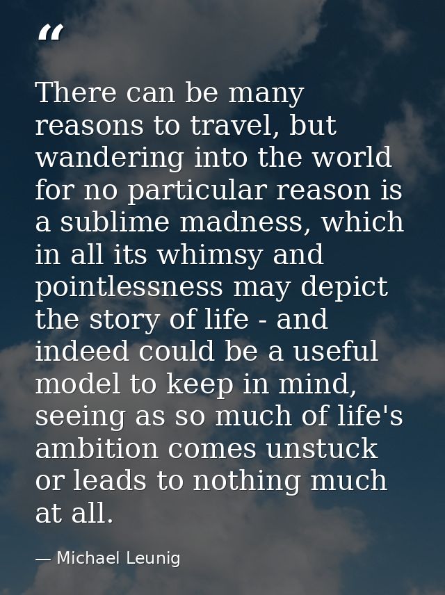 There can be many reasons to travel, but wandering into the world for no particular reason is a sublime madness, which i — Michael Leunig