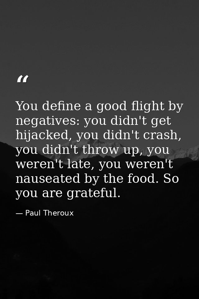 You define a good flight by negatives: you didn't get hijacked, you didn't crash, you didn't throw up, you weren't late, — Paul Theroux
