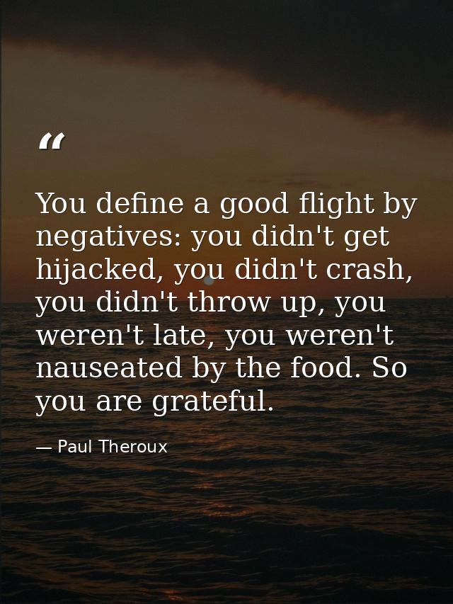 You define a good flight by negatives: you didn't get hijacked, you didn't crash, you didn't throw up, you weren't late, — Paul Theroux