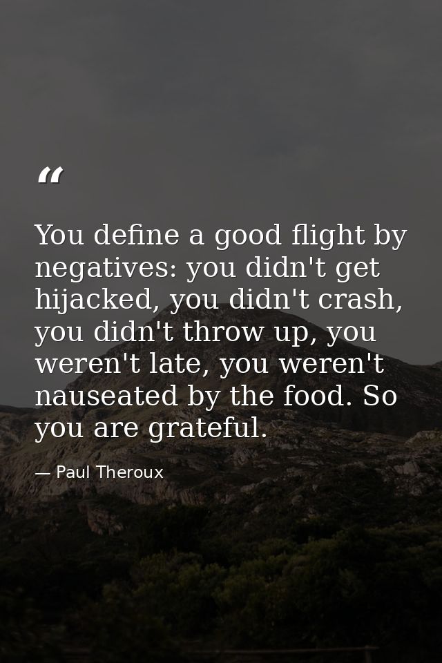 You define a good flight by negatives: you didn't get hijacked, you didn't crash, you didn't throw up, you weren't late, — Paul Theroux