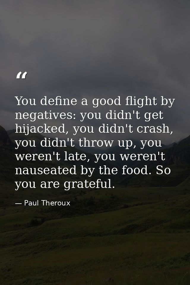 You define a good flight by negatives: you didn't get hijacked, you didn't crash, you didn't throw up, you weren't late, — Paul Theroux