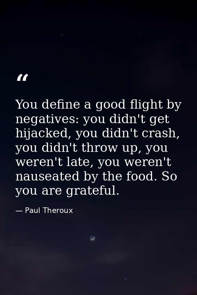 You define a good flight by negatives: you didn't get hijacked, you didn't crash, you didn't throw up, you weren't late, — Paul Theroux