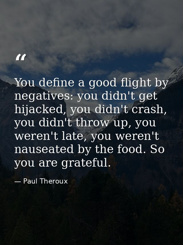 You define a good flight by negatives: you didn't get hijacked, you didn't crash, you didn't throw up, you weren't late, — Paul Theroux