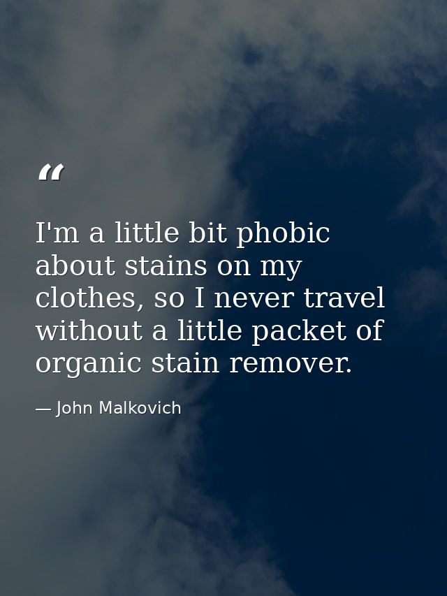 I'm a little bit phobic about stains on my clothes, so I never travel without a little packet of organic stain remover. — John Malkovich